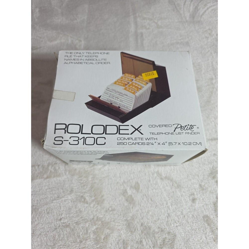 Vintage Rolodex S-310C Covered Petite Phone List Finder Black Tab Box Beige NOS